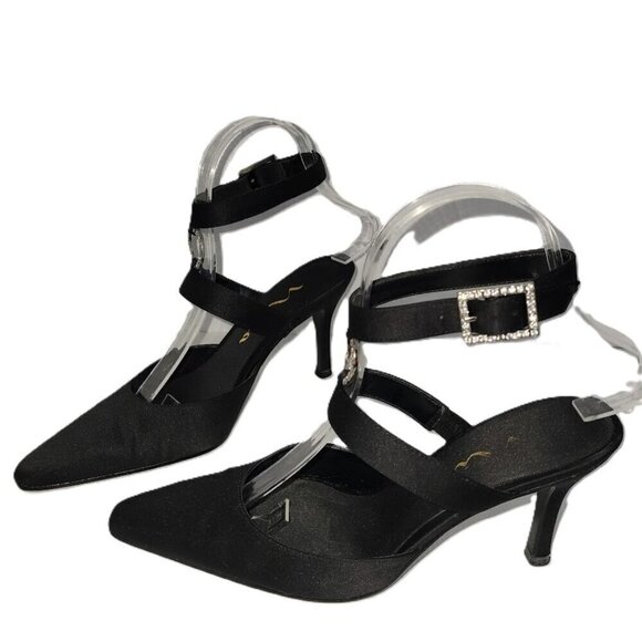 Nina Black Sateen Ankle Strap Heels W/Rhinestone Embellishment Women's Size 6.5 - Picture 1 of 13